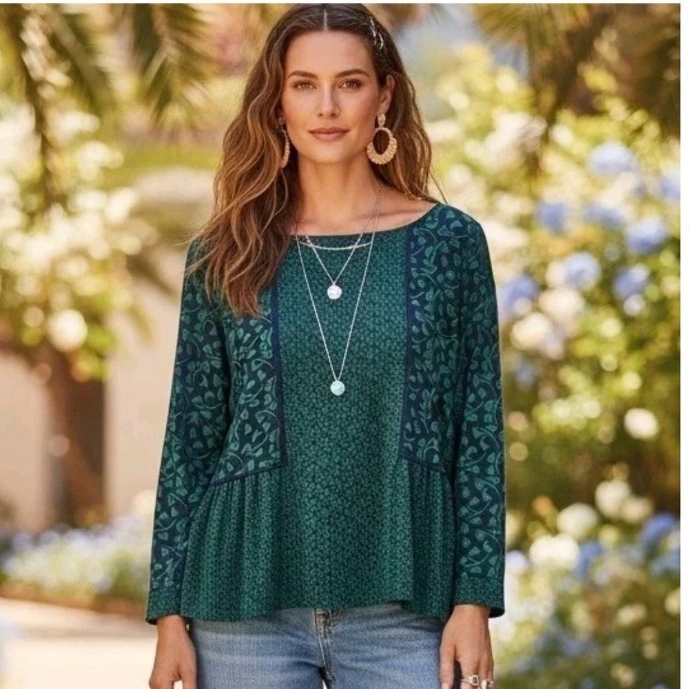 LOFT Womens Green Mixed Floral‎ Peplum Blouse Long Sleeve Boat Neck Top Size M